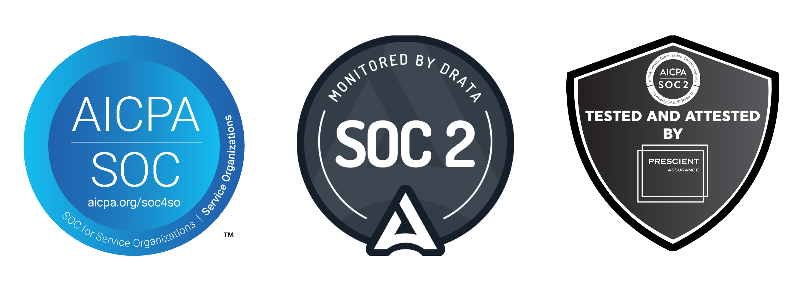 SOC 2 Type 2 logo, Drata SOC 2 logo, Prescient SOC 2 logo